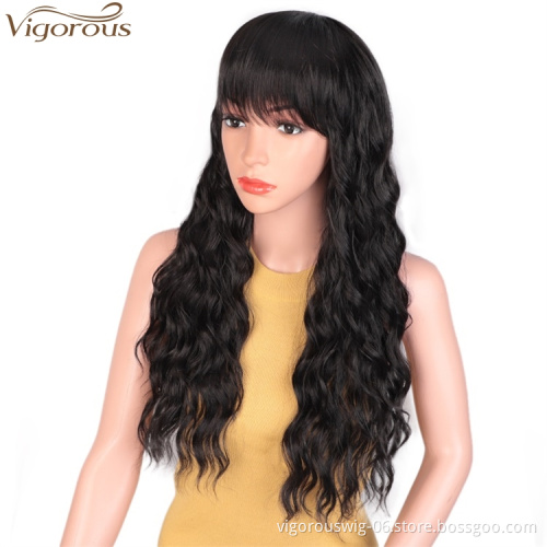 Vigorous Body Wave Synthetic Wigs with Hair Bangs Heat Resistant Fiber Long Wavy Wigs Black Women African American Wigs